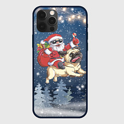 Чехол для iPhone 12 Pro Max Санта едет на мопсе, цвет: 3D-черный