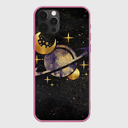 Чехол для iPhone 12 Pro Max Сатурн, луна, спутник и звезды, цвет: 3D-малиновый