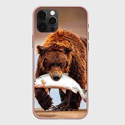 Чехол для iPhone 12 Pro Max Медведь с рыбой во рту, цвет: 3D-светло-розовый