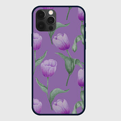 Чехол iPhone 12 Pro Max Фиолетовые тюльпаны с зелеными листьями