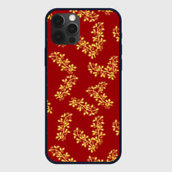 Чехол iPhone 12 Pro Max Золотые веточки на ярко красном фоне