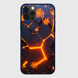 Чехол iPhone 12 Pro Max НОВОГОДНИЕ ОГНЕННЫЕ 3D ПЛИТЫ FIRE NEON HEXAGON
