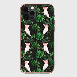 Чехол для iPhone 12 Pro Max Белые попугаи и листья, цвет: 3D-светло-розовый