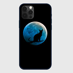 Чехол iPhone 12 Pro Max Силуэт кота на фоне синей луны