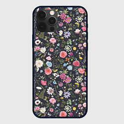 Чехол для iPhone 12 Pro Max Разные цветы, листья, травы на темном фоне, цвет: 3D-черный