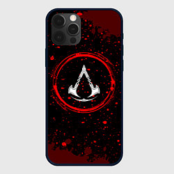 Чехол iPhone 12 Pro Max Символ Assassins Creed и краска вокруг на темном ф