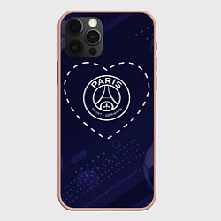 Чехол для iPhone 12 Pro Max Лого PSG в сердечке на фоне мячей, цвет: 3D-светло-розовый