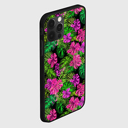 Чехол для iPhone 12 Pro Max Тропические листья и цветы на черном фоне, цвет: 3D-черный — фото 2