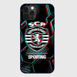 Чехол для iPhone 12 Pro Max Sporting FC в стиле Glitch на темном фоне, цвет: 3D-черный