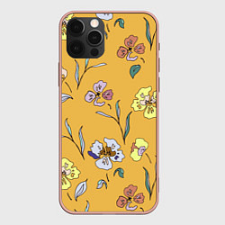 Чехол iPhone 12 Pro Max Цветы Нарисованные На Золотом Фоне