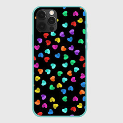 Чехол для iPhone 12 Pro Max Сердечки разноцветные на черном, цвет: 3D-мятный