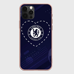 Чехол iPhone 12 Pro Max Лого Chelsea в сердечке на фоне мячей