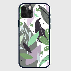 Чехол для iPhone 12 Pro Max Зелёные, серые, голубые, сиреневые листья на белом, цвет: 3D-черный