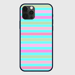 Чехол для iPhone 12 Pro Max Pink turquoise stripes horizontal Полосатый узор, цвет: 3D-черный