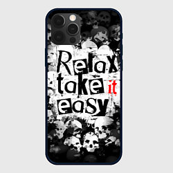 Чехол для iPhone 12 Pro Max Relax Take it easy надпись с черепами, цвет: 3D-черный