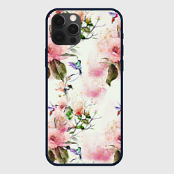 Чехол iPhone 12 Pro Max Цветы Нарисованные Магнолии и Разноцветные Птицы