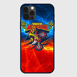 Чехол iPhone 12 Pro Max Extreme motocross: мотоциклист на фоне огня