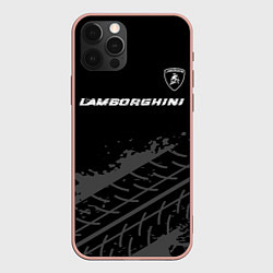 Чехол для iPhone 12 Pro Max Lamborghini speed на темном фоне со следами шин: с, цвет: 3D-светло-розовый