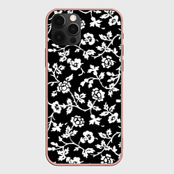 Чехол iPhone 12 Pro Max Белые цветы на чёрном фоне Белые цветы на чёрном ф