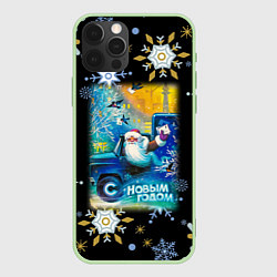 Чехол для iPhone 12 Pro Max Новый Год Дед Мороз Развозит Подарки, цвет: 3D-салатовый