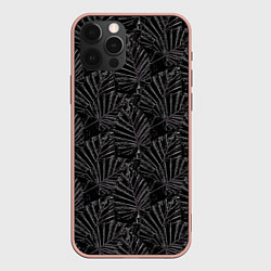 Чехол для iPhone 12 Pro Max Белые контуры тропических листьев на черном, цвет: 3D-светло-розовый