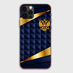 Чехол для iPhone 12 Pro Max Золотой герб России на объемном синим фоне, цвет: 3D-светло-розовый