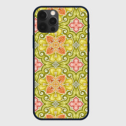 Чехол iPhone 12 Pro Max Зеленые узоры и оранжевые цветы