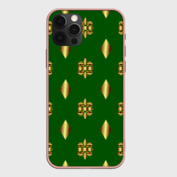 Чехол iPhone 12 Pro Max Золото узоры на зеленом фоне