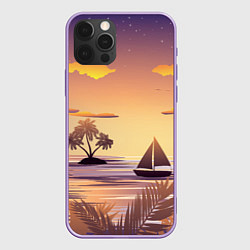 Чехол для iPhone 12 Pro Max Лодка в море на закате возле тропических островов, цвет: 3D-сиреневый