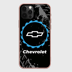 Чехол для iPhone 12 Pro Max Chevrolet в стиле Top Gear со следами шин на фоне, цвет: 3D-светло-розовый