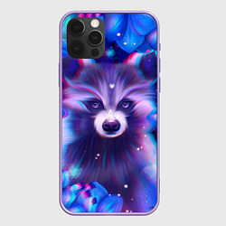 Чехол для iPhone 12 Pro Max Волшебный енот в цветах, цвет: 3D-сиреневый