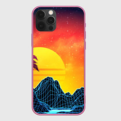 Чехол для iPhone 12 Pro Max Тропический остров на закате ретро иллюстрация, цвет: 3D-малиновый