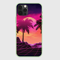 Чехол iPhone 12 Pro Max Пальмы и пляж в розовом закате ретро дизайн
