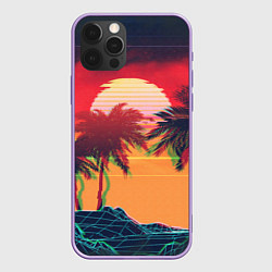 Чехол iPhone 12 Pro Max Пальмы и пляж на закате с помехами VHS ретро дизай