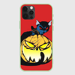 Чехол для iPhone 12 Pro Max Halloween - тыква и кот, цвет: 3D-салатовый