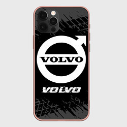 Чехол для iPhone 12 Pro Max Volvo speed на темном фоне со следами шин, цвет: 3D-светло-розовый