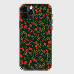 Чехол iPhone 12 Pro Max Красные ягоды на темно-зеленом фоне