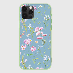 Чехол iPhone 12 Pro Max Акварельные розовые цветы на голубом фоне