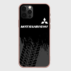 Чехол iPhone 12 Pro Max Mitsubishi speed на темном фоне со следами шин: си