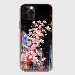 Чехол для iPhone 12 Pro Max Ветка сакуры на фоне ночного Токио - glitch, цвет: 3D-светло-розовый
