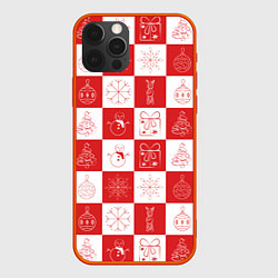Чехол для iPhone 12 Pro Max Красно-белые квадраты с шариками и снежинками, цвет: 3D-красный
