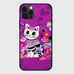 Чехол iPhone 12 Pro Max Зеленоглазый котенок в цветах