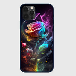 Чехол для iPhone 12 Pro Max Неоновая бабочка над большой розой, цвет: 3D-черный