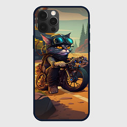 Чехол для iPhone 12 Pro Max Кот на мотоцикле - байкер, цвет: 3D-черный