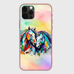 Чехол для iPhone 12 Pro Max Две разноцветные лошади, цвет: 3D-светло-розовый