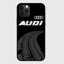 Чехол iPhone 12 Pro Max Audi speed на темном фоне со следами шин: символ с