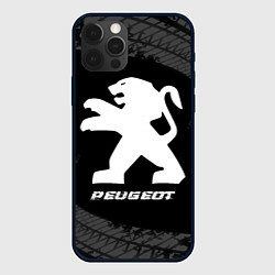 Чехол iPhone 12 Pro Max Peugeot speed на темном фоне со следами шин