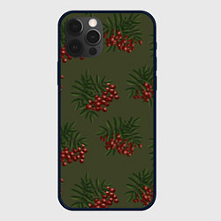 Чехол для iPhone 12 Pro Max Рябина на зеленом - паттерн, цвет: 3D-черный