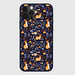 Чехол iPhone 12 Pro Max Оранжевые зайчики в траве на синем фоне