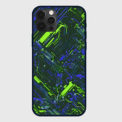 Чехол для iPhone 12 Pro Max Киберпанк линии зелёные и синие, цвет: 3D-черный